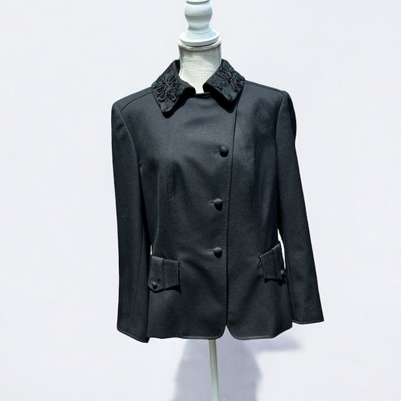 🌻Albert Nipon Black Wool Suit Blazer Jacket w/Embroidered Collar Size 14 - Picture 1 of 9